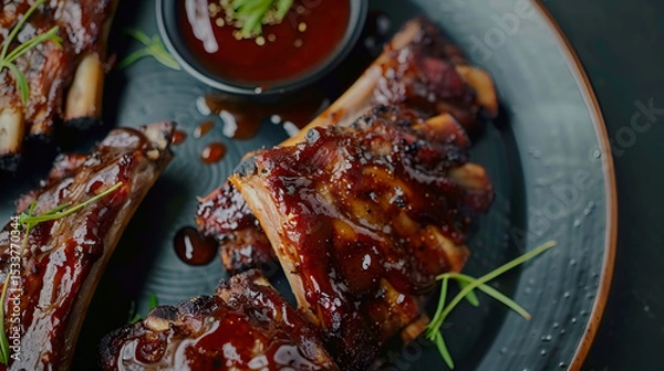 Fototapeta Usa Independence Day BBQ ribs celebration with patriotic decor Close up view of person cuts grilled spareribs with knife and fork Grilled pork ribs on wood plate, Generative AI