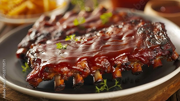 Fototapeta Usa Independence Day BBQ ribs celebration with patriotic decor Close up view of person cuts grilled spareribs with knife and fork Grilled pork ribs on wood plate, Generative AI