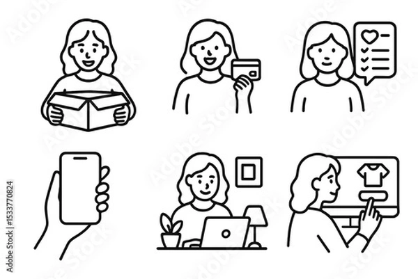 Obraz Online shopping icons: female characters with box, card, laptop, and smartphone