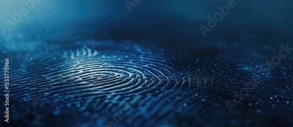 Fototapeta The fingerprint biometric identity fade technology security concept on a dark blue background with copy space
