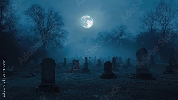 Fototapeta Full moon above foggy graveyard with leafless trees and headstones under blue twilight sky. Mist covers ground creating atmospheric scene. Generative by AI