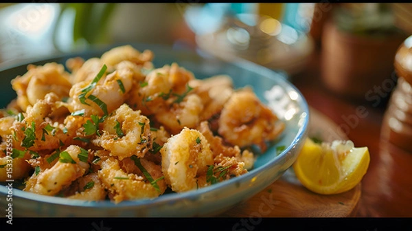 Fototapeta Crispy golden fried calamari rings served with a creamy dipping sauce and fresh parsley Gourmet fried calamari with lime and sauce, Generative AI