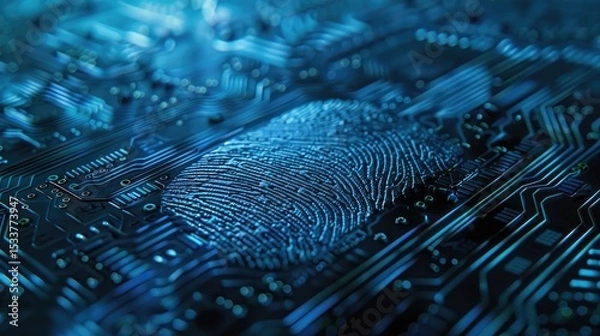 Obraz The thumbnails could be minimally decoded fingerprints on a blue circuit board background, representing a digital security concept for identification