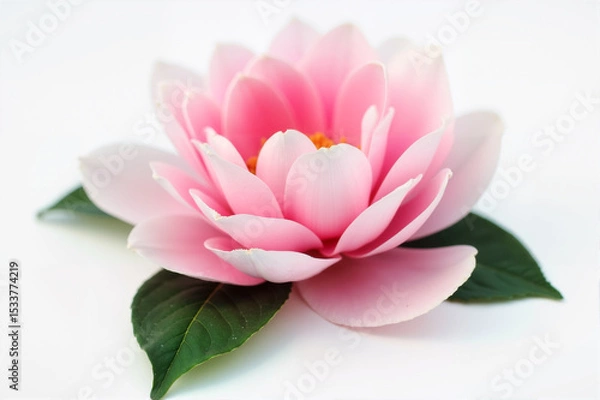 Fototapeta Detailed macro shot of a pink lotus flower with layered petals and green leaves on a bright white background 