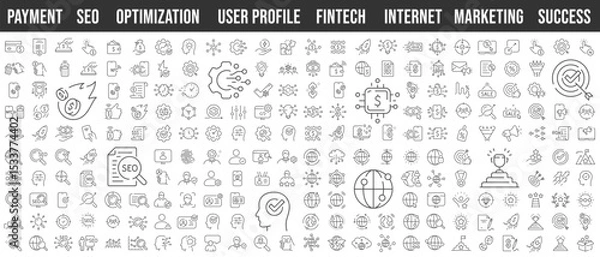Fototapeta Finance, payment, marketing, seo, internet, optimazation, success, user profile. Editable stroke. Big line icon set