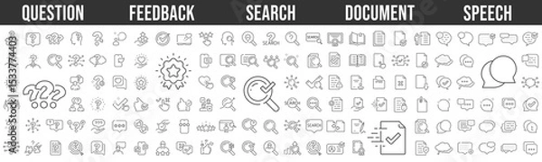 Fototapeta Feedback, question mark, research, documents, speech bubble. Editable stroke. Big line icon set