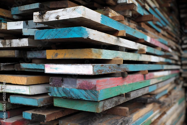 Fototapeta Stacked Timber Roof Battens on Construction Site