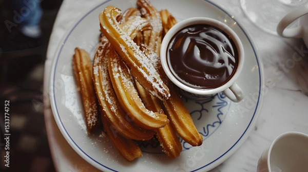 Fototapeta Delicious crispy churros with rich chocolate dipping sauce on a rustic plate overhead A churro, crispy and coated in cinnamon sugar, with a side of chocolate dipping sauce, Generative AI
