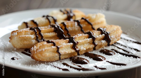 Fototapeta Delicious crispy churros with rich chocolate dipping sauce on a rustic plate overhead A churro, crispy and coated in cinnamon sugar, with a side of chocolate dipping sauce, Generative AI