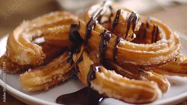 Fototapeta Delicious crispy churros with rich chocolate dipping sauce on a rustic plate overhead A churro, crispy and coated in cinnamon sugar, with a side of chocolate dipping sauce, Generative AI