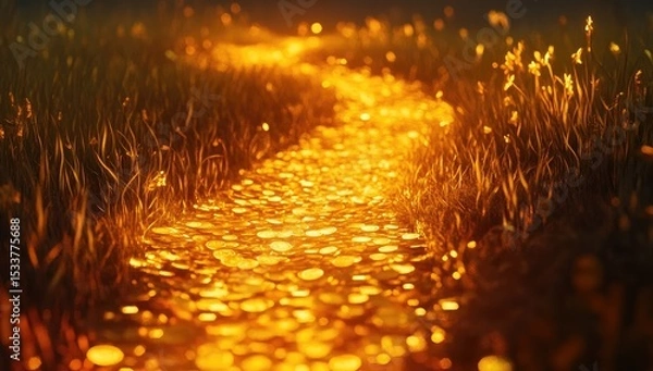 Obraz A road made of glowing gold coins leading into the distance, surrounded by grassland and forest, with lights shining on it.