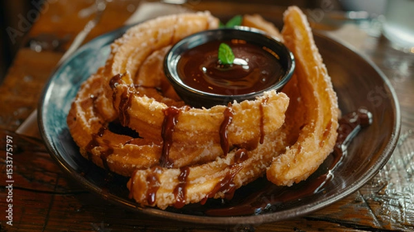 Fototapeta Delicious crispy churros with rich chocolate dipping sauce on a rustic plate overhead A churro, crispy and coated in cinnamon sugar, with a side of chocolate dipping sauce, Generative AI