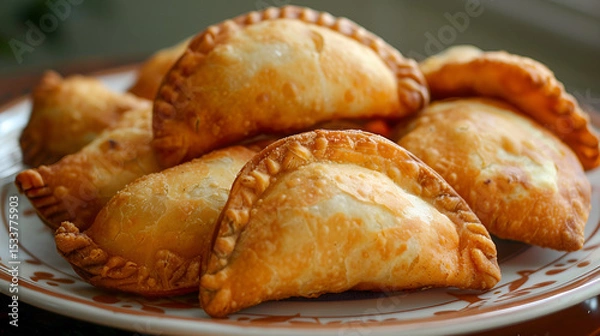 Fototapeta Delicious homemade empanadas served on a plate with dipping sauce accompaniment A plate of Indian empanadas with spices and lights in the background, Generative AI