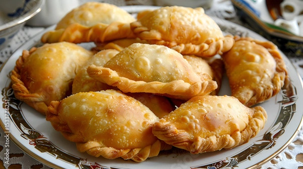 Fototapeta Delicious homemade empanadas served on a plate with dipping sauce accompaniment A plate of Indian empanadas with spices and lights in the background, Generative AI