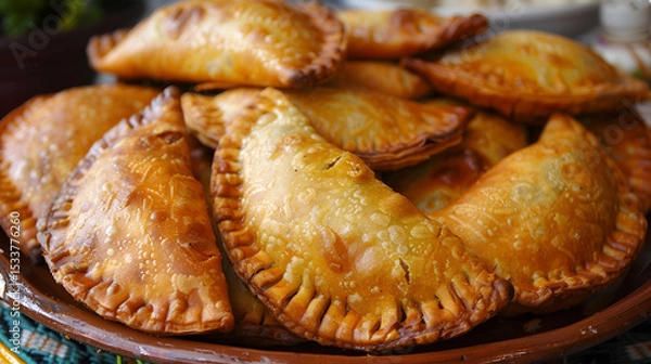 Fototapeta Delicious homemade empanadas served on a plate with dipping sauce accompaniment A plate of Indian empanadas with spices and lights in the background, Generative AI