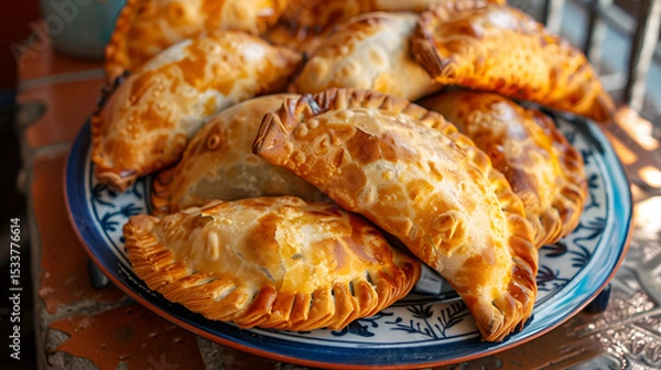 Fototapeta Delicious homemade empanadas served on a plate with dipping sauce accompaniment A plate of Indian empanadas with spices and lights in the background, Generative AI