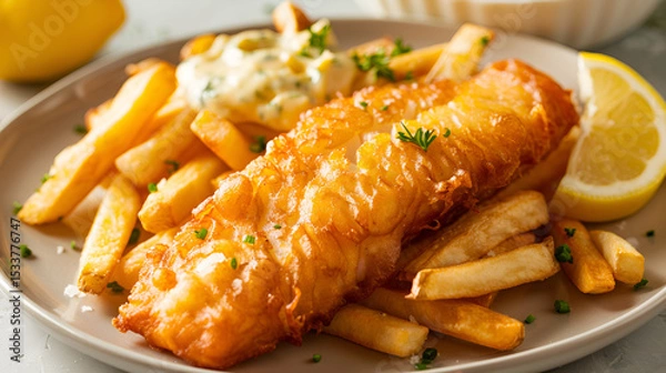 Fototapeta A plate of crispy fish and chips with tartar sauce on the side The delicious fish and chips served with tartar sauce and lemon slices, Generative AI