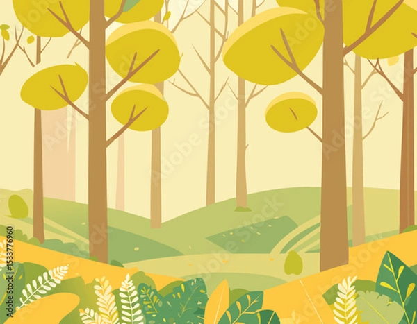 Fototapeta A forest landscape with trees, green grass and bushes