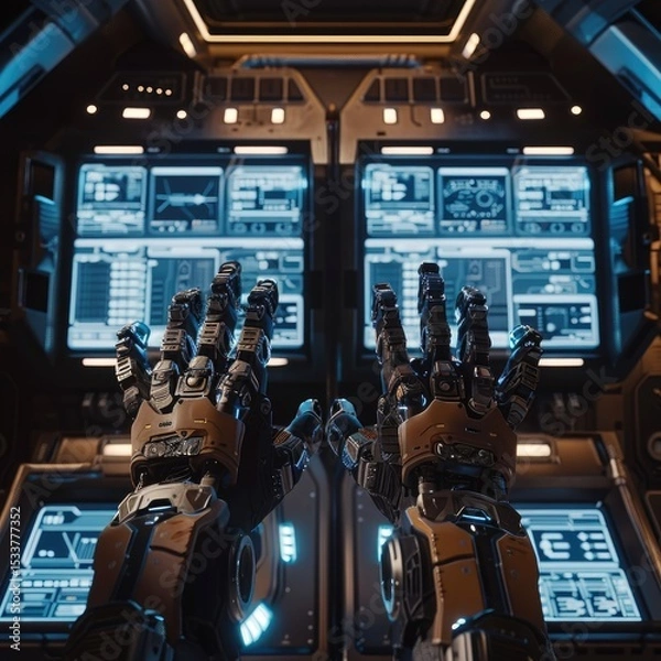 Obraz Two robotic hands on the side of an open spaceship window, there is a digital display screen between them, with cinematic lighting