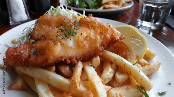Fototapeta A plate of crispy fish and chips with tartar sauce on the side The delicious fish and chips served with tartar sauce and lemon slices, Generative AI