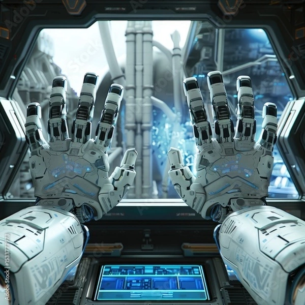 Fototapeta Two robotic hands on the side of an open spaceship window, there is a digital display screen between them, with cinematic lighting