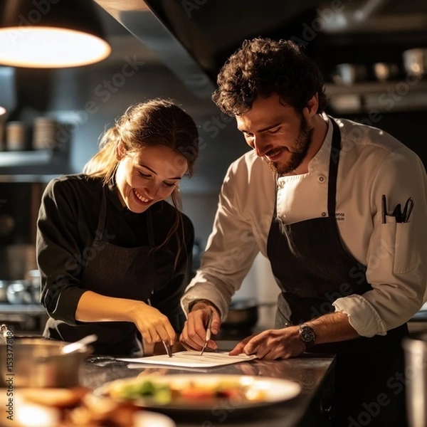 Obraz Culinary Collaboration, Chefs Reviewing Recipe in Restaurant Kitchen