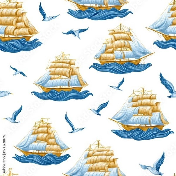 Obraz Elegant Pattern of Ships at Sea Decorated with Waves and Seagulls for Nautical Inspired Designs