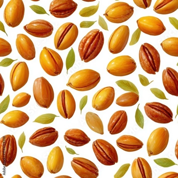 Obraz Watercolor Seamless Pattern of Pecans with Leaves on White Background for Unique Design Projects
