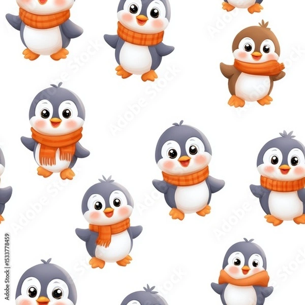 Obraz Adorable Cartoon Penguins in Winter Scarves for Seamless Pattern Design and Wrapping Paper Projects
