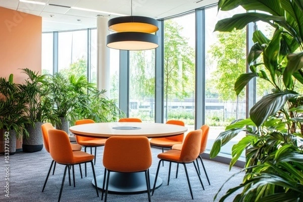 Obraz A round table with orange chairs and plants in the corner of an office space, modern in style, with bright interior lighting.
