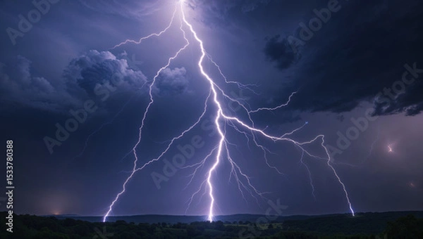 Obraz Powerful lightning strikes over dark landscape illuminating dramatic storm clouds at night