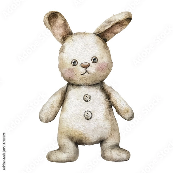 Obraz Old textile hare. Cute watercolor illustration of vintage toy rabbit. Isolated clipart with clear even edge on transparent background