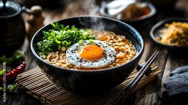 Fototapeta Intricately Crafted Traditional Japanese Ramen Scene with Rich Broth, Poached Egg and Garnished Ambiance
