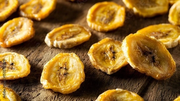 Fototapeta Detailed Illustration of Sun-Dried Banana Slices Highlighting Their Preserved Texture and Natural Color for Long-term Storage in a Rustic Setting