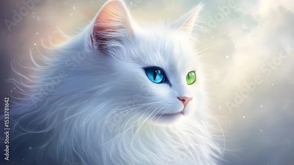 Fototapeta Artistic Illustration of a Stunning Heterochromia Cat with Captivating Blue and Green Eyes Set Against a Dreamy, Soft-Focused Background Showcasing Rare Feline Beauty