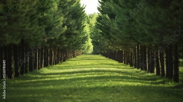 Fototapeta Striking View of a Perfectly Aligned Row of Slender Pine Trees Exhibiting Elegant Vertical Growth from Light Competition