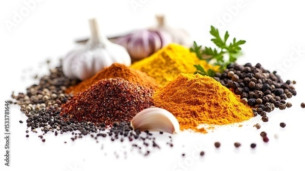 Obraz Lively and Dynamic Composition Featuring Assorted Colorful Culinary Spices with an Emphasis on a Highlighted Garlic Bulb on a Bright White Backdrop