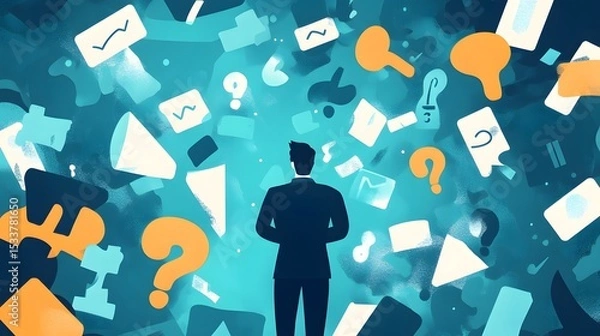 Fototapeta Intricate flat vector design portraying a professional interpreting inquiry symbols and overcoming doubt to advance successful business decisions