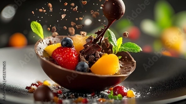 Fototapeta Stunning Contemporary Food Art Showcasing a Sleek Chocolate Ensemble with Luscious Fruits and Sumptuous Sweets for Gourmet Dipping
