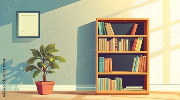 Fototapeta Stylish Bookshelf Design with Adjustable Shelves and Natural Wooden Frame in a Deep Espresso Finish Cartoon Vector Art Style
