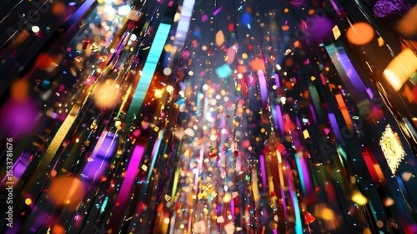 Fototapeta Artistic Festival Decoration Scene Featuring Ornate, Radiant Streamers, Shimmering Confetti and Imaginative Party Cards for a Dynamic Celebration