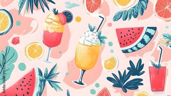 Fototapeta Whimsical Summer Illustration Showcasing a Blend of Tasty Desserts, Invigorating Cocktails, and Artistic Scrapbooking Elements in a Harmonious Composition