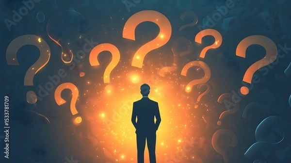 Fototapeta Detailed flat vector illustration of a man contemplating question marks and choosing the optimal path to success through careful business decision making