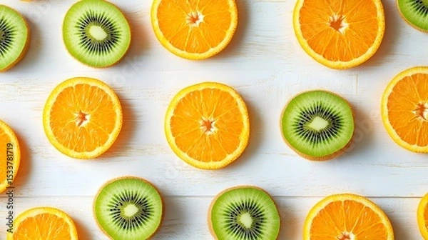 Fototapeta Artistic Tropical Fruit Pattern with Orange and Kiwi Elements on White Wooden Surface for Modern Design