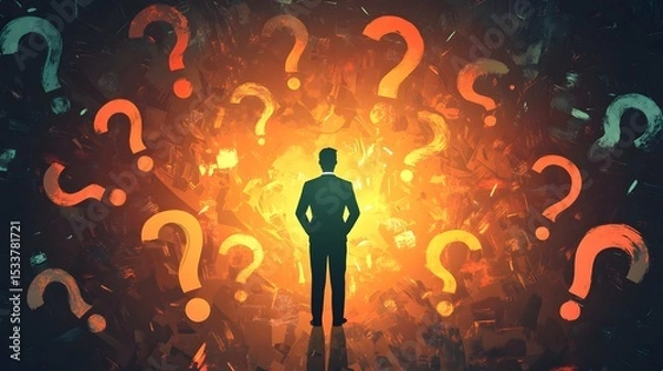 Fototapeta Detailed flat vector illustration of a man contemplating question marks and choosing the optimal path to success through careful business decision making