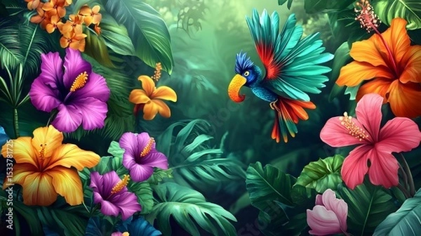 Fototapeta Edgy and Vivid PNG Creation Showcasing Tropical Flowers with Exaggerated Bold Visual Elements in Cartoon Funky Style