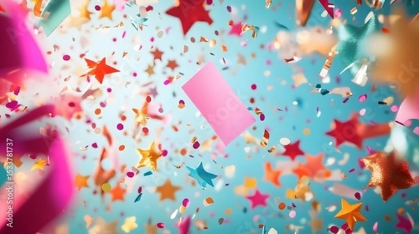 Fototapeta Intricately Detailed Festival Decoration Concept Showcasing Colorful Streamers, Star Confetti and Innovative Party Cards in a Lively Celebration Setting