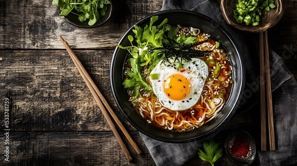 Fototapeta Artistic Japanese Ramen Imagery Showcasing Flavorful Broth, Poached Egg and Decorative Greens on a Rustic Table