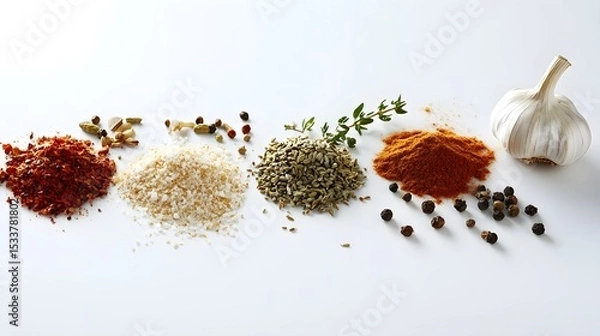 Fototapeta Intricately Detailed Exquisite Culinary Display Showcasing Robust Spices and Fresh Garlic Arranged on a Pristine White Canvas