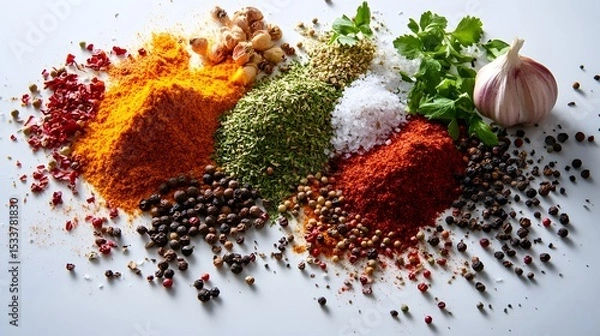 Fototapeta Artistic Presentation of a Scattered Assortment of Colorful Kitchen Spices with a Prominent Touch of Garlic on a Pristine White Surface